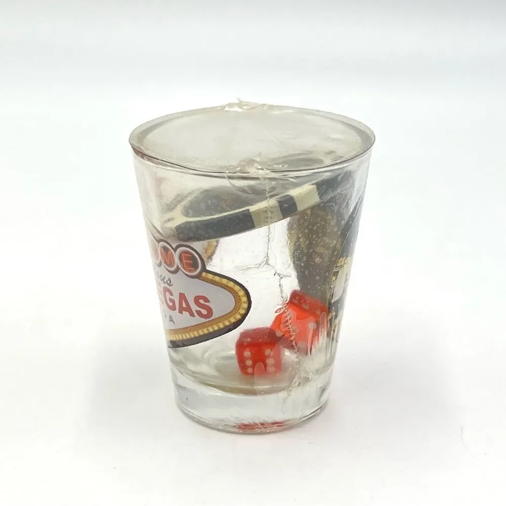 Las Vegas Shot Glass Welcome & Come Back Soon Souvenir‎ Poker Chip & Red Dice